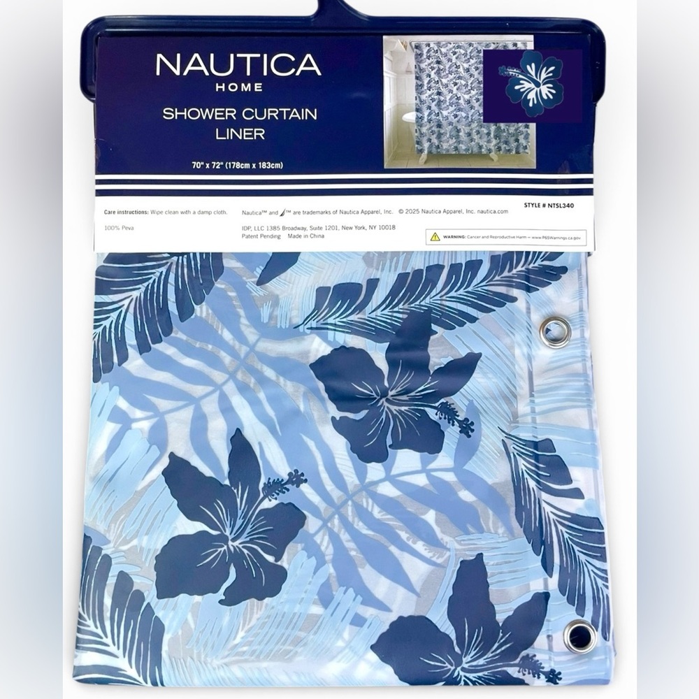 Blue Floral Tropical PEVA Shower Curtain Semi-Clear Liner Island Flowers NEW NWT
